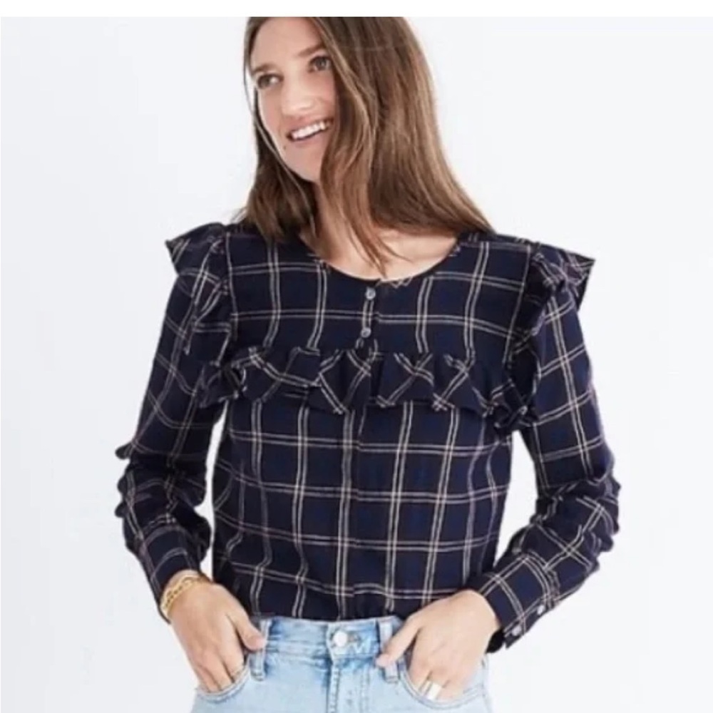 Madewell Plaid Ruffle Yoke Top Navy Burgundy small
